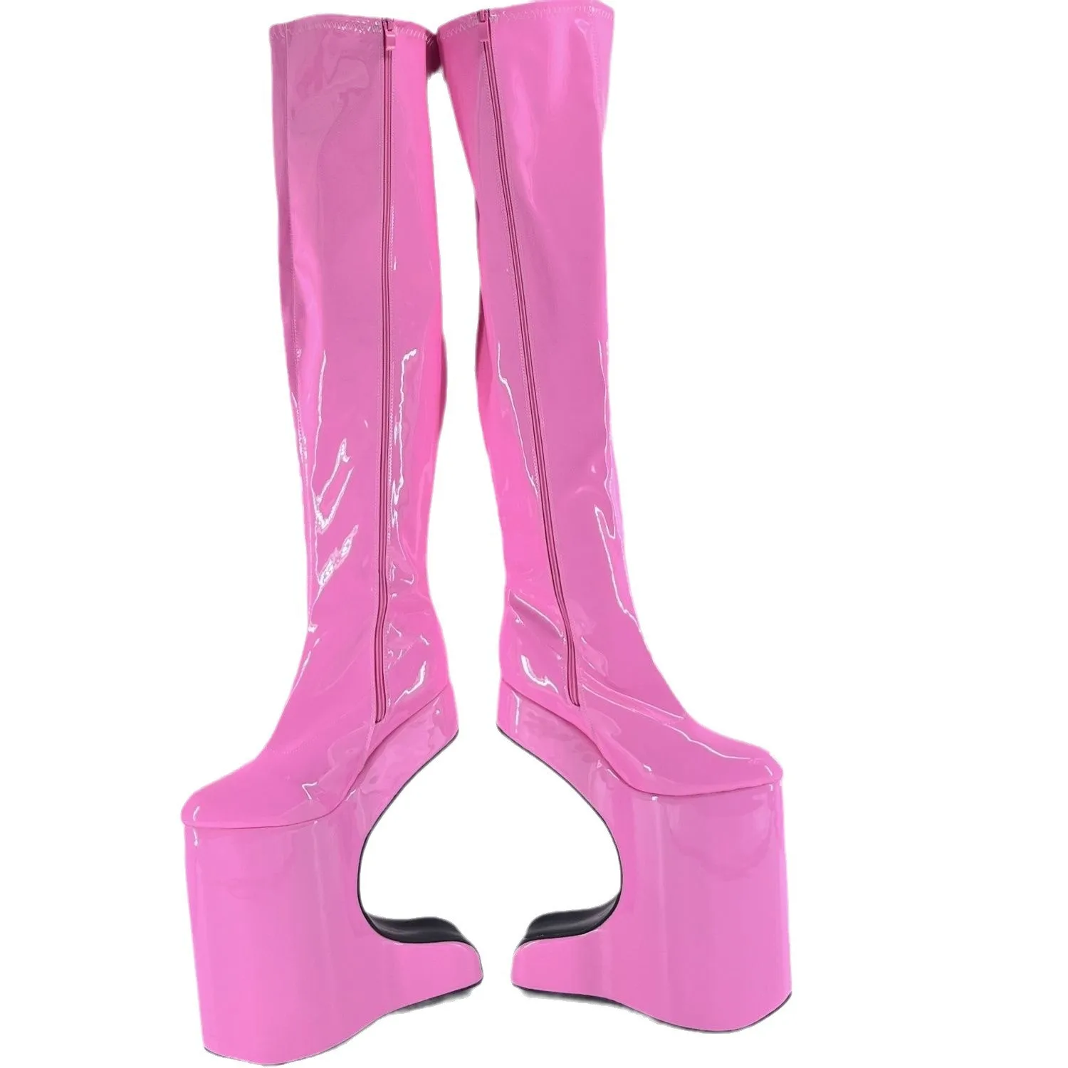 Ultra high heels 30CM, European and American sexy curved bow shaped over knee boots, wrapped shoes, pink mirror surface, large s