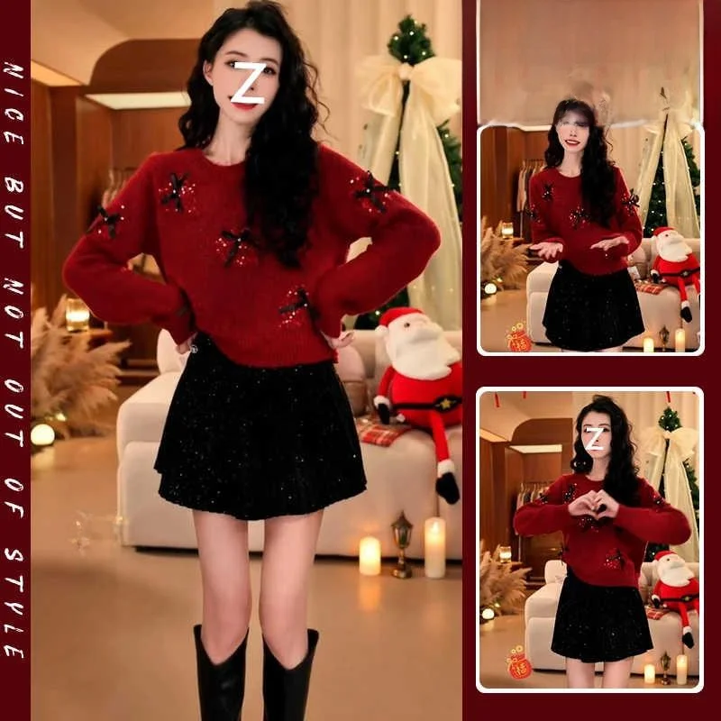 

Elegant Red Knot Sweater And Skirt Two-Piece Set for Women Stylish New Year's Fashion Outfit Designed by Chūnā...