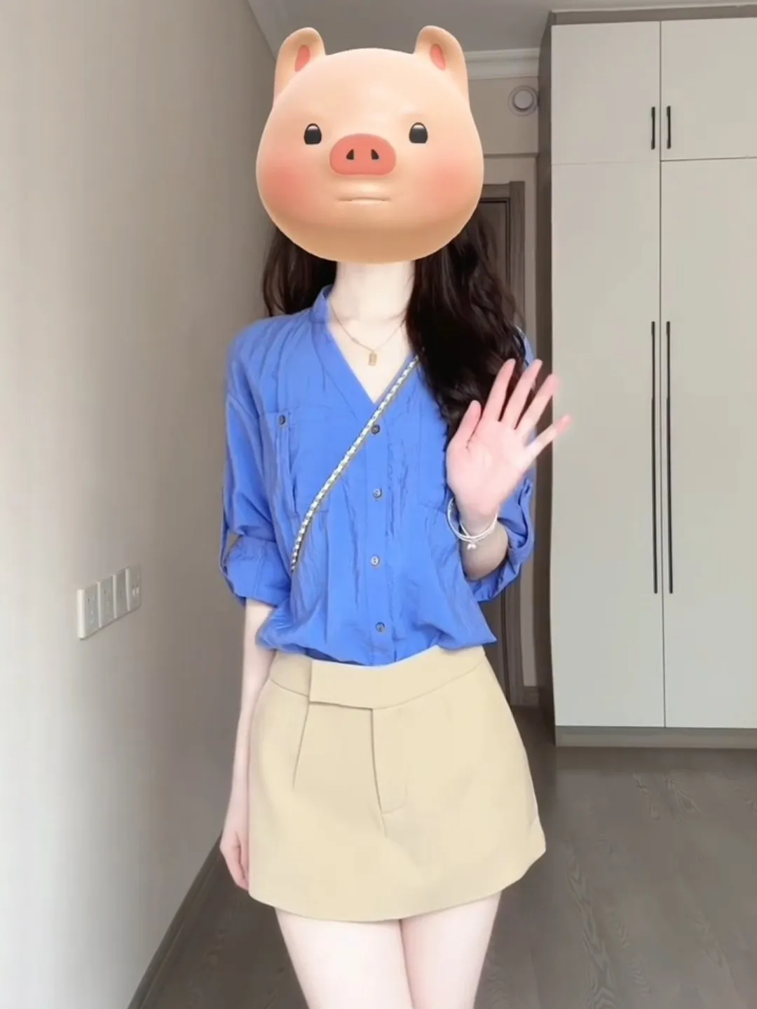 

Loose Long Sve V-Ne Blue irt Women's Spring Design Sensation Youthful White-Lightening Korean Sle Top for Commuting