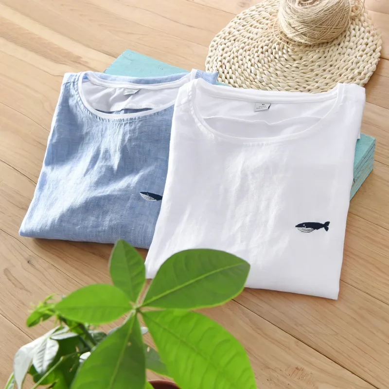 Men Cotton Linen Short Sleeve Tshirts White Small Fish Graphic Embroidery T Shirt Casual O-Neck Male Tees Y1702