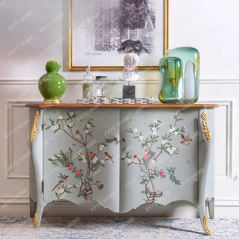 light luxury birch dining side cabinet living room classical hand-painted entrance cabinet gold foil engraving