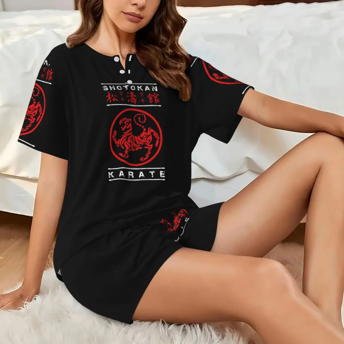 Shotokan Karate (white Text) Round Neck Short Sleeve Nightgowns for Sleeping Sleepshirts Women Soft Pajama Set Short Pants