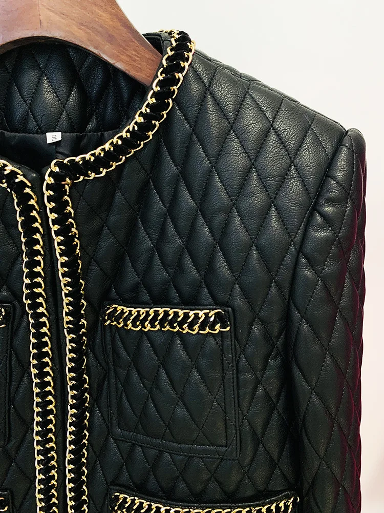 2024 new gold chain edge decorative mesh imitation leather jacket, cardigan wool sweater jacket, black women\'s short jacket