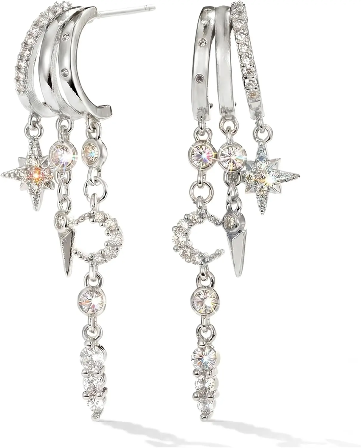 

Trendy Gold Dangle Earrings for Women, Small Hoop with Star Moon Design, Cubic Zirconia Drop Chain, Hypoallergenic