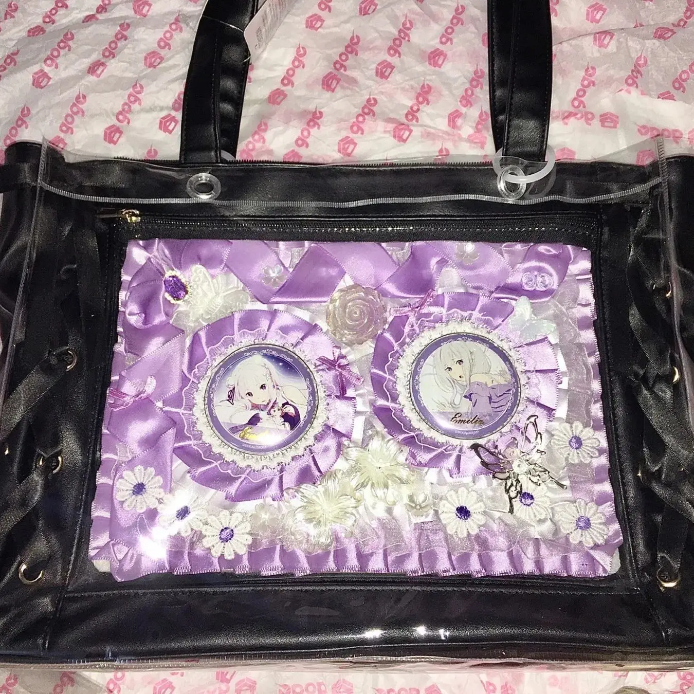 Original Purple Plush Finished Badge Holder Lace Ribbon Lolita Cosplay Insert Board Ita Bag Decoration ita bag Accessories