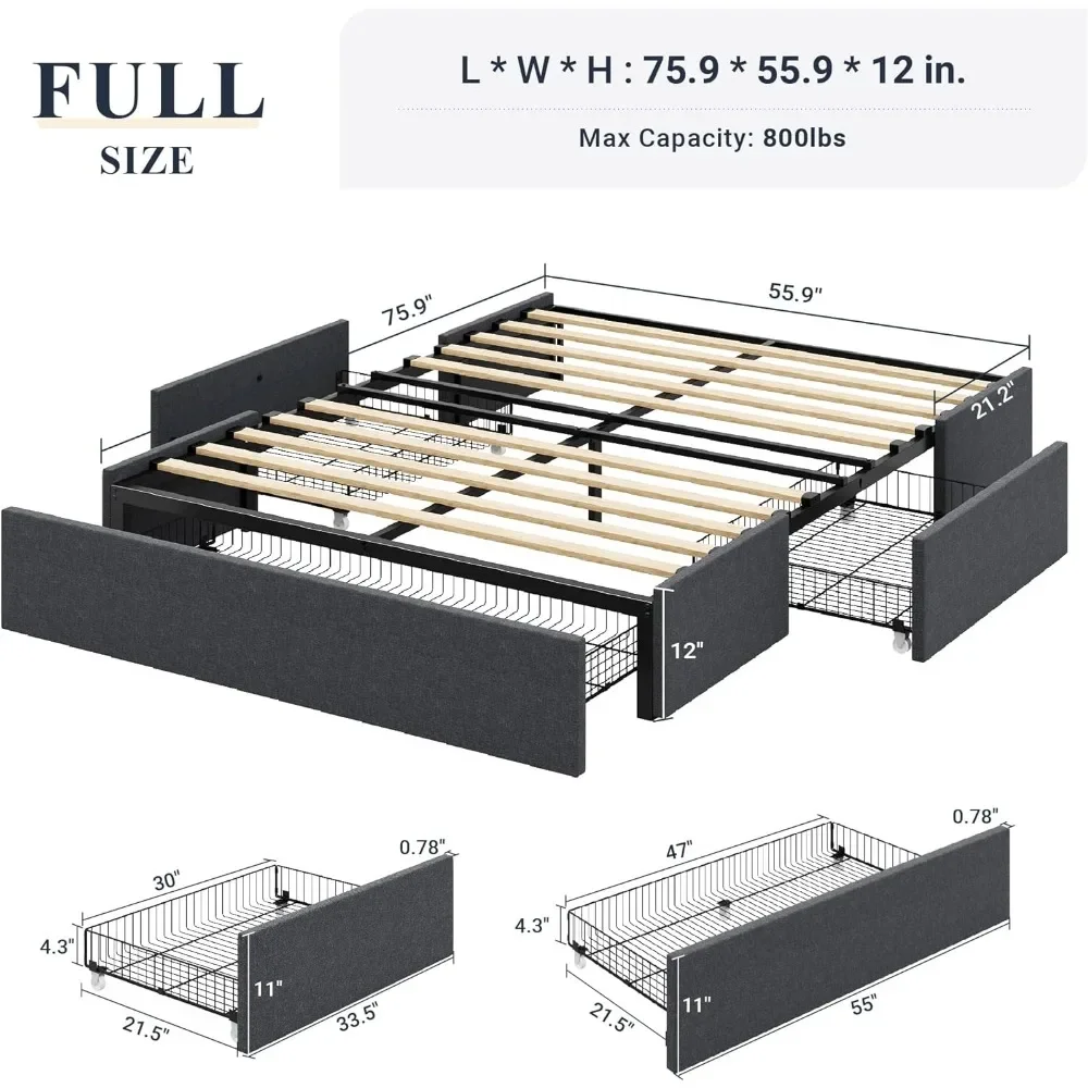 Full Bed Frame with 3 Storage Drawers, Fabric Upholstered, Wooden Slats Support, No Box Spring Needed, Noise Free, Easy Assembly