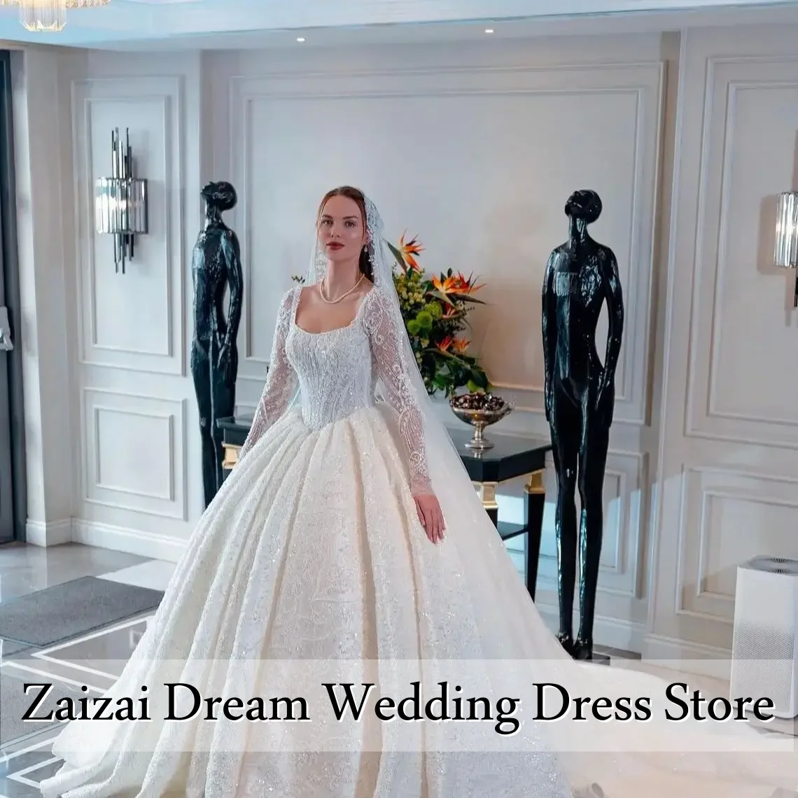 Customized  Exquisite Pearl Sparkling Princess Wedding Dresses Lace Ball Dress Square Collar Long Sleeve Dres Vestido De Noiva
