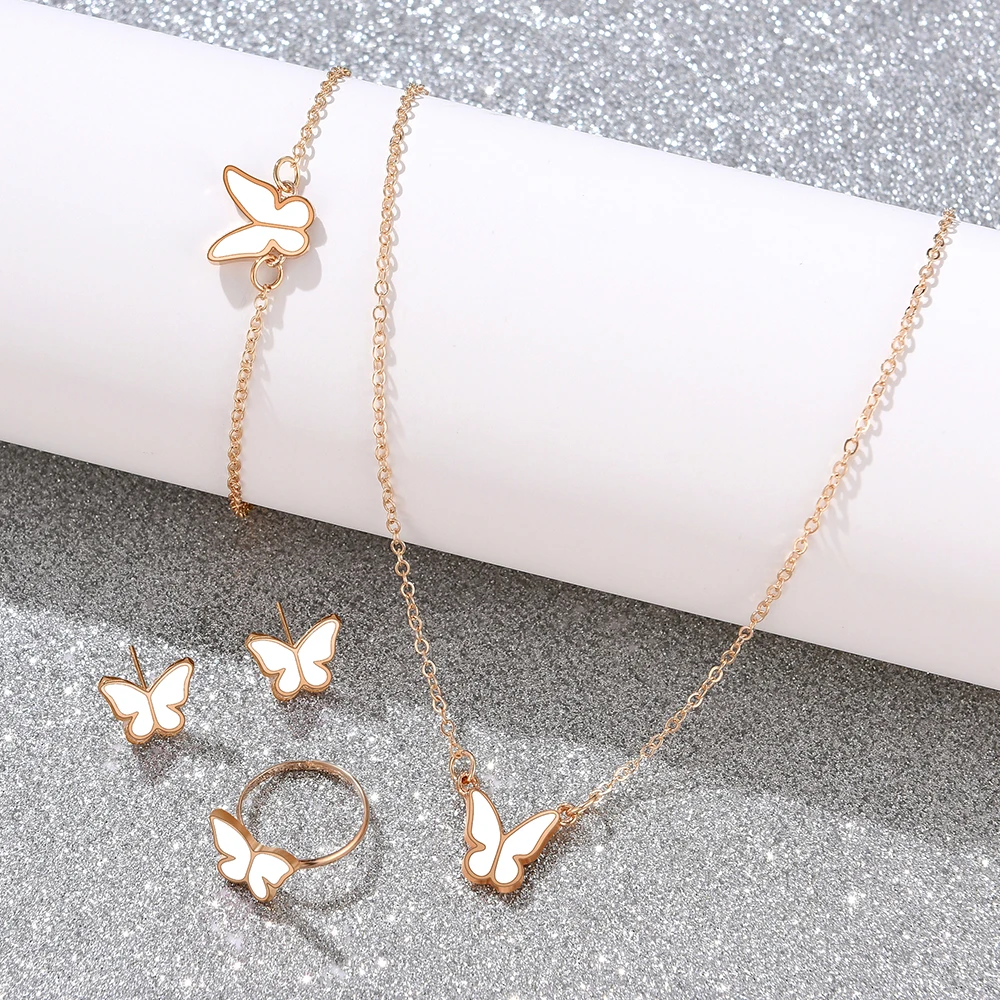 5 Piece Set Of White Butterfly Design Fashionable And Exquisite Temperament Necklace Earring Ring And Bracelet Combination Set