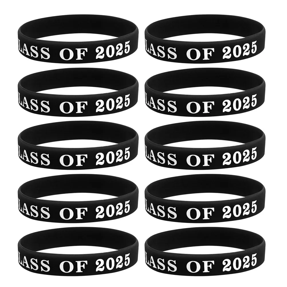 10Pcs Silicone Party Wristbands Rubber Bracelets Graduation Class of 2025 for Women Men Teen Event Favors Black