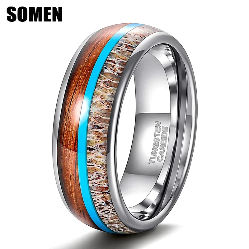 Somen 8mm Mens Tungsten Wedding Rings Real Malachite/Antler/Wood Inlay Silver Tungsten Carbide Ring Engagement Band Beveled Ed