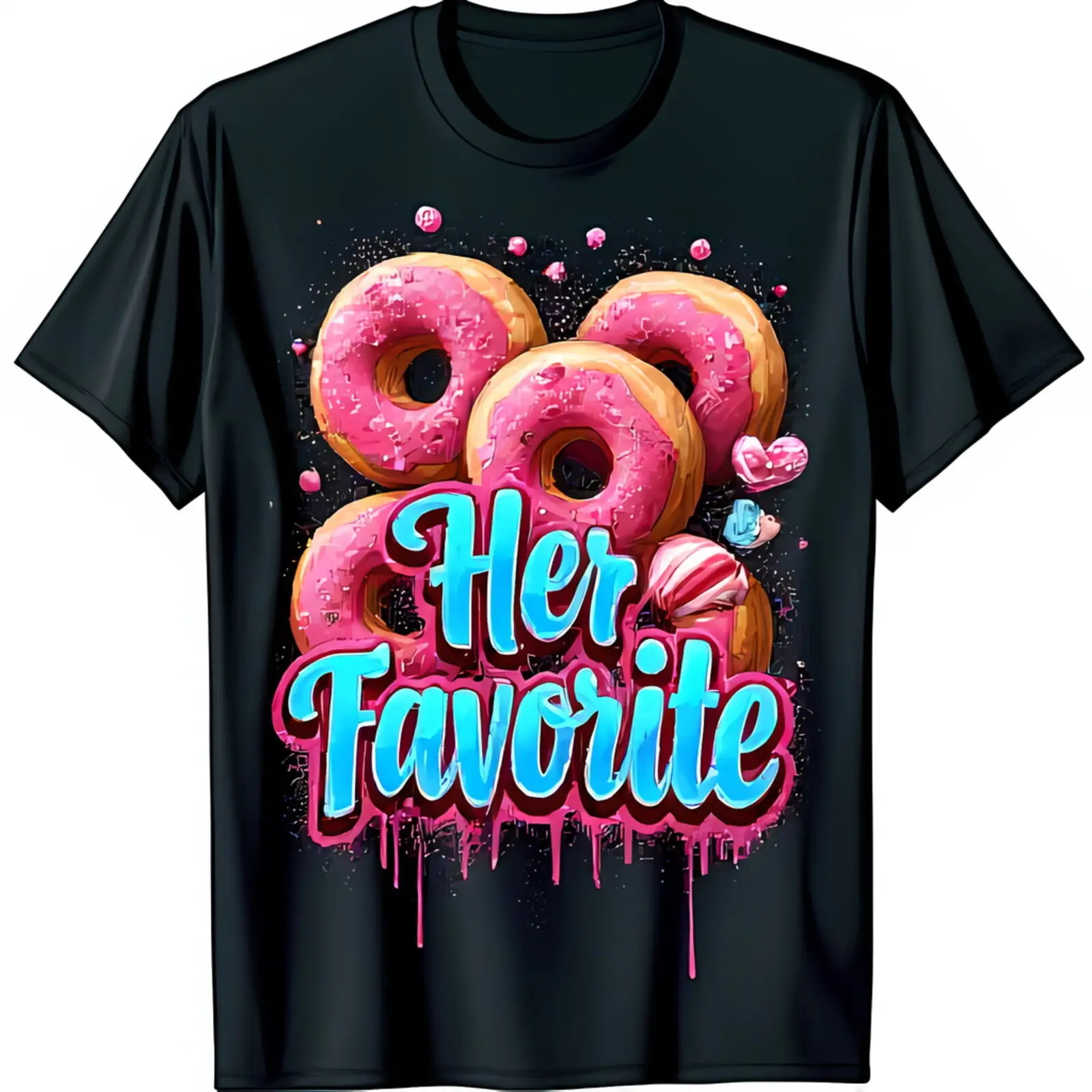 Fun Black Tee with Colorful Donut Graphic & Edgy Her Favorite Design