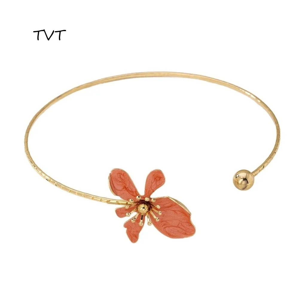 Retro Colorful Flower Necklaces Adjustable Metal Open Chokers Korean Style Geometric Collar Necklace Party Wear