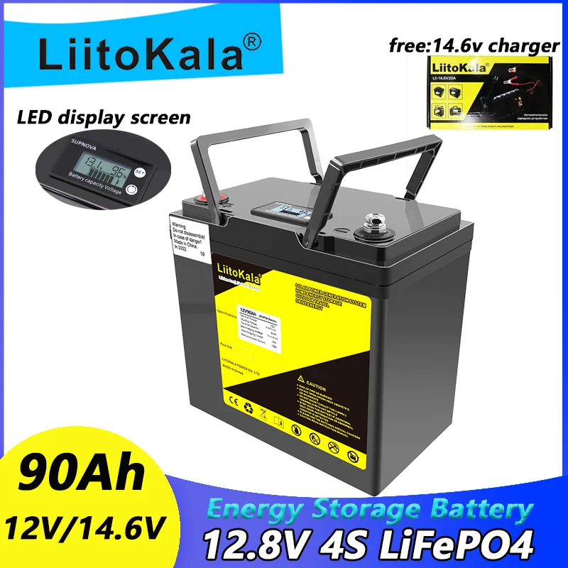 LiitoKala 12.8 فولت 30A 90Ah Lifepo4 بطارية حزمة ليثيوم فوسفات الحديد بطاريات دورة عميقة لمحرك القارب العاكس الاتحاد الأوروبي الولايات المتحدة الضرائب Fre