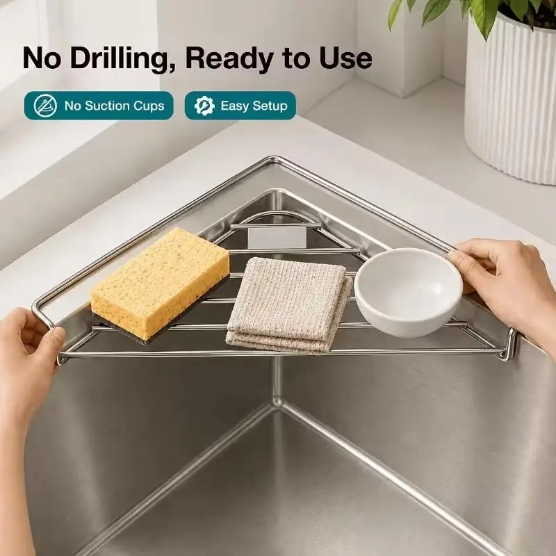 201 Stainless Steel Sink Corner Drain Rack Rustproof Triangle Kitchen Storage Organizer Space Saving Over Sink..