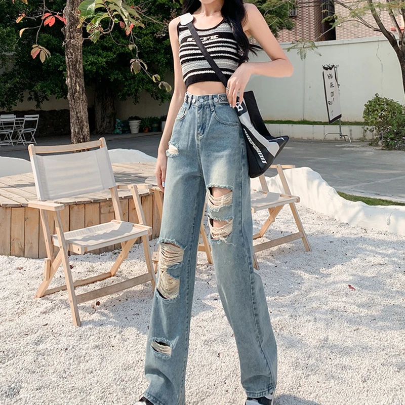 High Street Spicy Girls Ripped Jean Pants Chic High Waist Slim Straight Jeans All-Match Light Blue Female Loose Wide Leg Pants