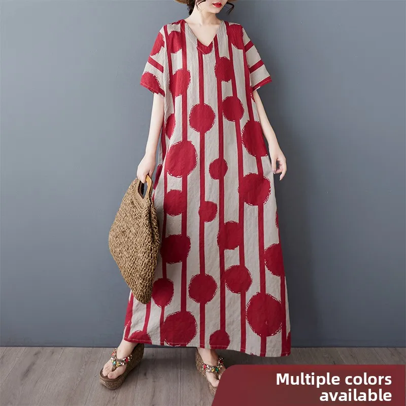 Retro Floral raya punto algodón Lin suelto largo Dr mujer verano fino v-ne ort Sve Casual Sle talla grande Dr