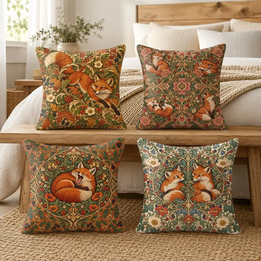 William Morris Forest Fox Cushion Cover Soft Short Plush Pillow Cases Hidden Zipper Cutecore Sofa Bedroom Home Decor Gift