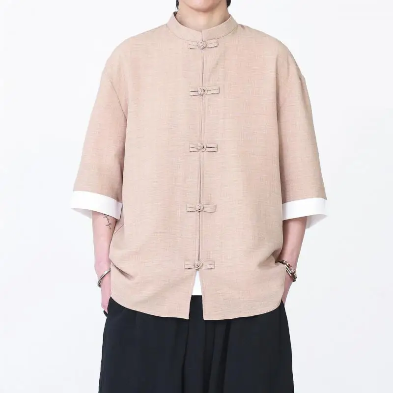 

Мужская рубашка с воротником-мандарином, пуговицами-лягушками, белыми контрастными манжетами, в восточном стиле, уличная мода, оверсайз, летняя, свободного кроя, повседневный топ, подарок