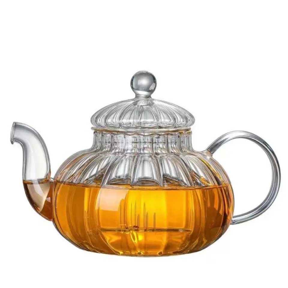 Striped pumpkin shape flower teapot Flower TeaCup Glass Teapot with Infuser Tea Leaf Herbal Heat Resistant Glass Pot