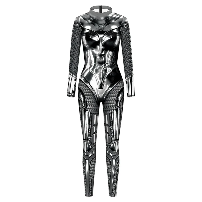 Cosplay de super-heróis para mulheres, impressão 3D, dourado, prateado, manga comprida, bodysuit apertado, zentai, roupa fetichista, fato muscular, filme, macacão