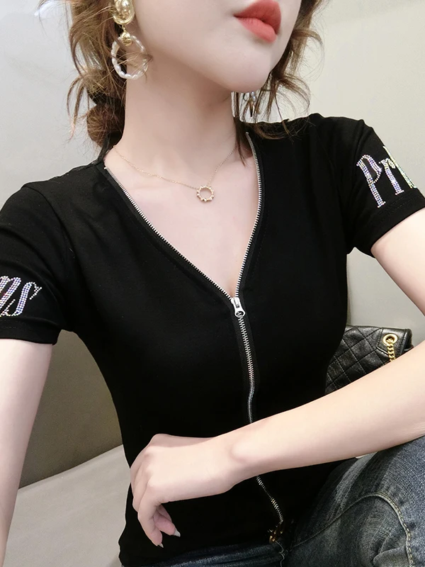 

Slim Fit Zipper V-Neck T-Shirt Women Short Sleeve Fashionable Rhinestone Back Mesh Splice Sexy Top Summer Korean Style Commute