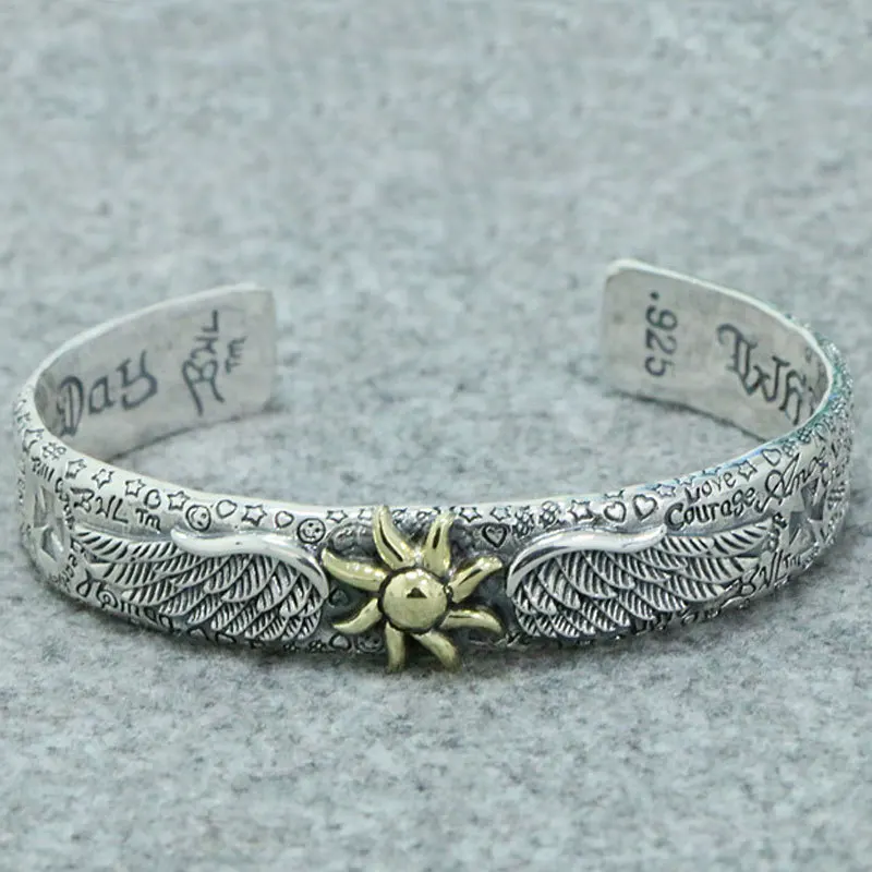 

S925 Sterling Silver Sun Bracelet Men's Personalized Old Thai Silver Angel Wings Bracelet Tidal Tag Graffiti Bracelet Children