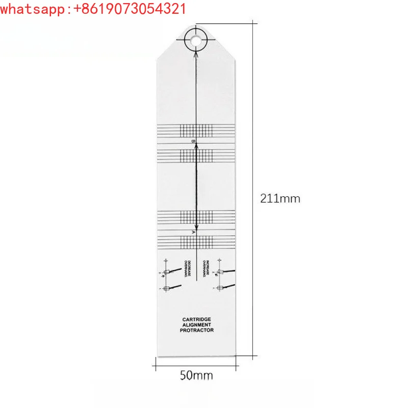 LP vinyl phonograph head stylus position calibration protractor, over-range ruler, azimuth adjustment ruler tool
