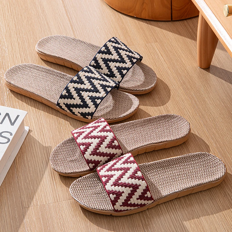 Home Indoor Slippers Open Toe Mixed Colors Women Beach Linen Shoes Summer Fashion Comfortable Flat Slippers Four Seasons