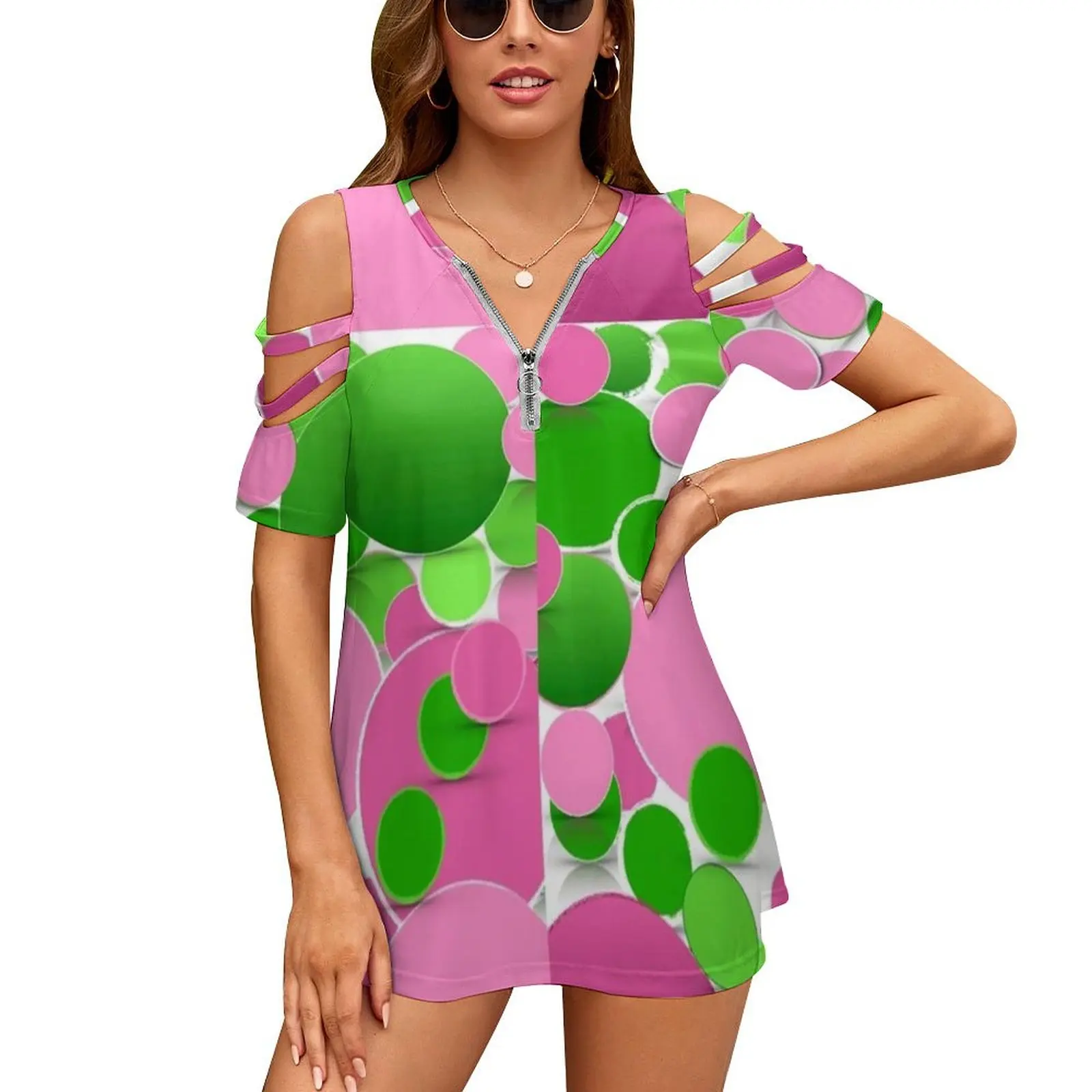 Pink & Green Fashions / Products Women's T-Shirt New Fashion Printed Zipper V-Neck Short Sleeve T Shirts Casual Plus Size Aka
