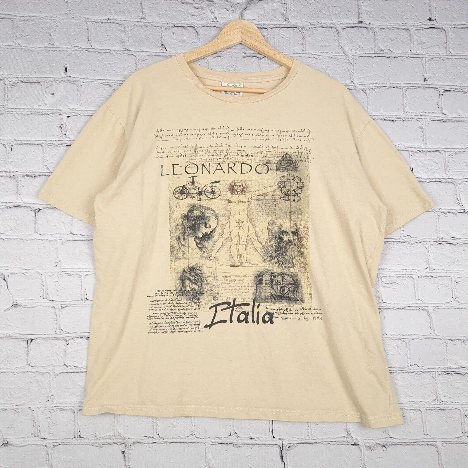 Vintage Leonardo Da Vinci T Shirt Mens XXL Fits L/XL Beige Vitruvian Man TimeTex 100% Cotton Streetwear High Quality