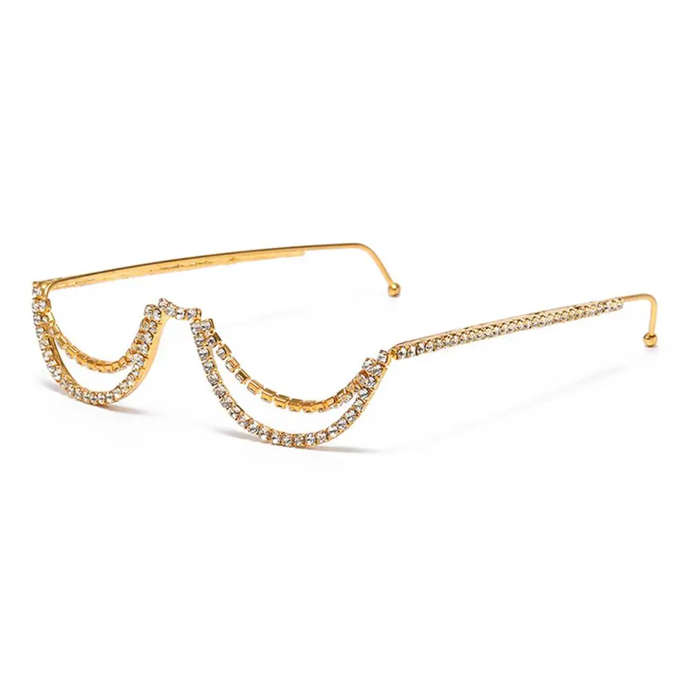 Crystal Moon-shaped Glasses Frame Lensless Gold Silver Decorative Metal Eyelasses Frame Double-Layer Street Style Shades