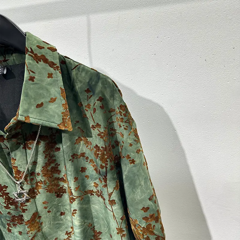Summer Fashionable Retro Dark Green Printing Loose Short Sleeve Shirt Popular High-Grade Versatile Top for Men and Women