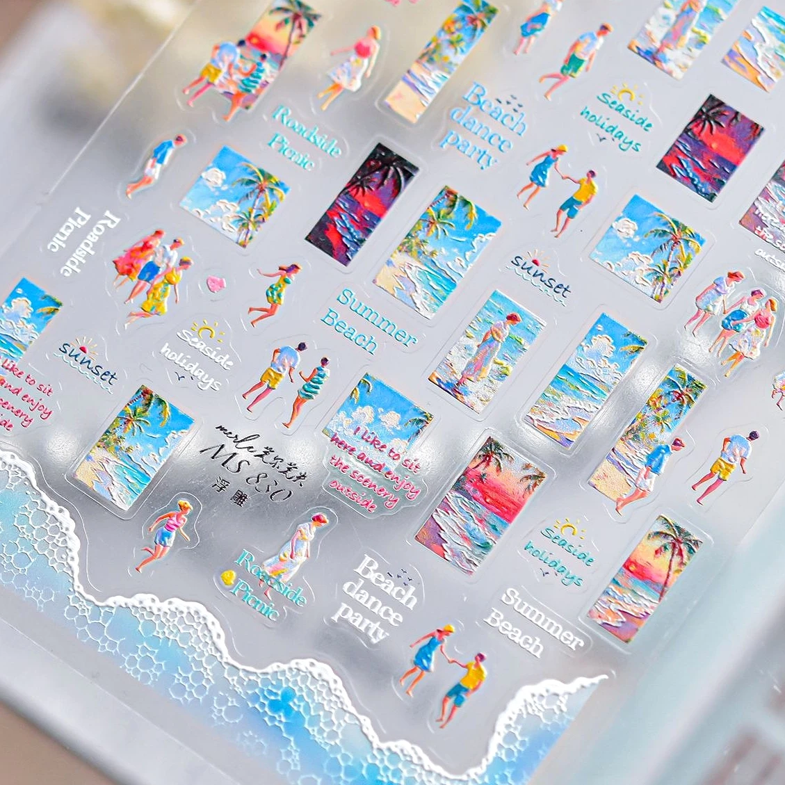 

Geometric Scenery Coconut Tree Sea Wave Man Woman People Beach Fish Shell Conch Goldfish Bubble Summer Nail Art Stickers Decals