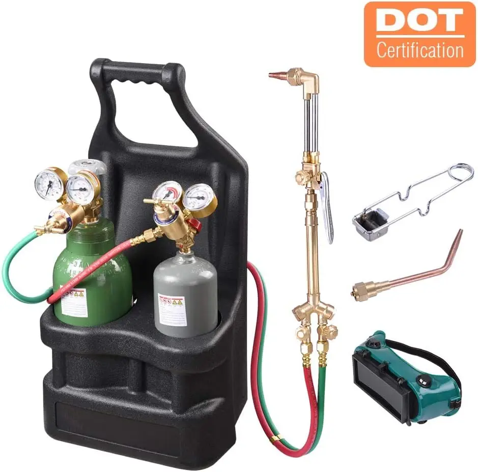 DOT Oxy Acetylene Torch Kit Gas Tank Brazing Welding Cutting Black Holder Gauge Portable Brass Nozzle Long Pipe Goggle