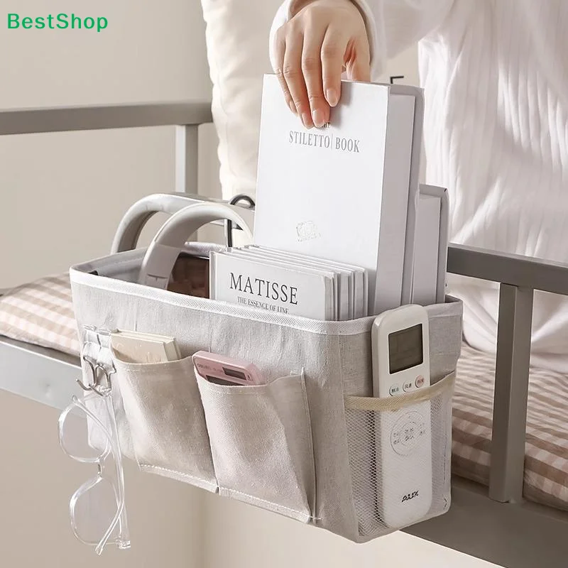 〔Q〕Durable Cotton Linen Bedside Hanging Organizer Large Capacity Multiple Pockets Side Hooks For Dorm Bunk Beds Bedrooms Home