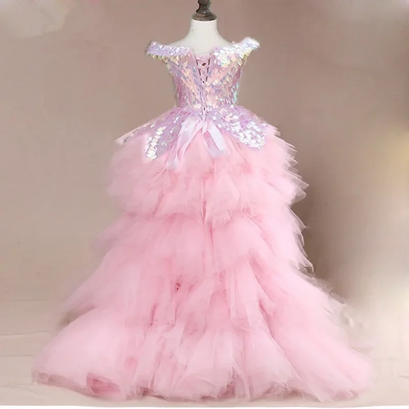 Flower girl dress children wedding bridesmaid dresses kids pink tutu sequin gowns Girl Boutique party wear elegant frock