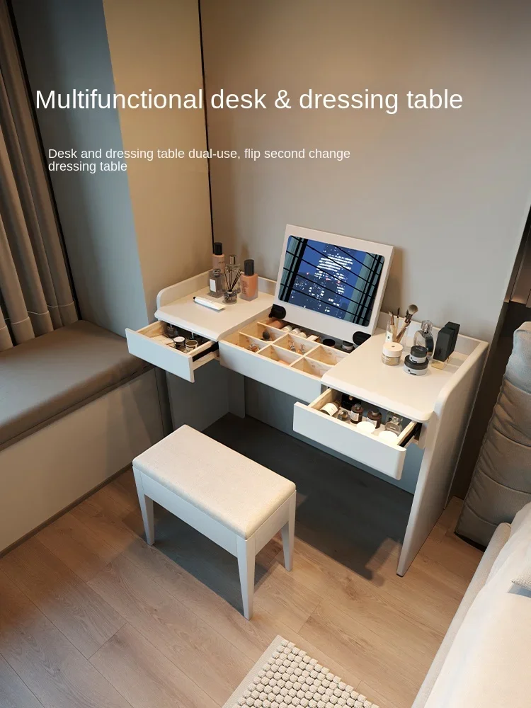 

Dressing table, desk, integrated makeup table, modern and simple solid wood computer table, small unit with mirror, cream style