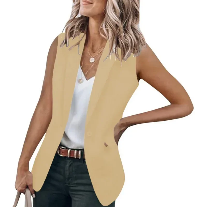 Casaco feminino sem mangas de lapela de um botão, jaqueta senhora do escritório, moda elegante, outwear verão, colete espartilho, blazer, escritório, verão