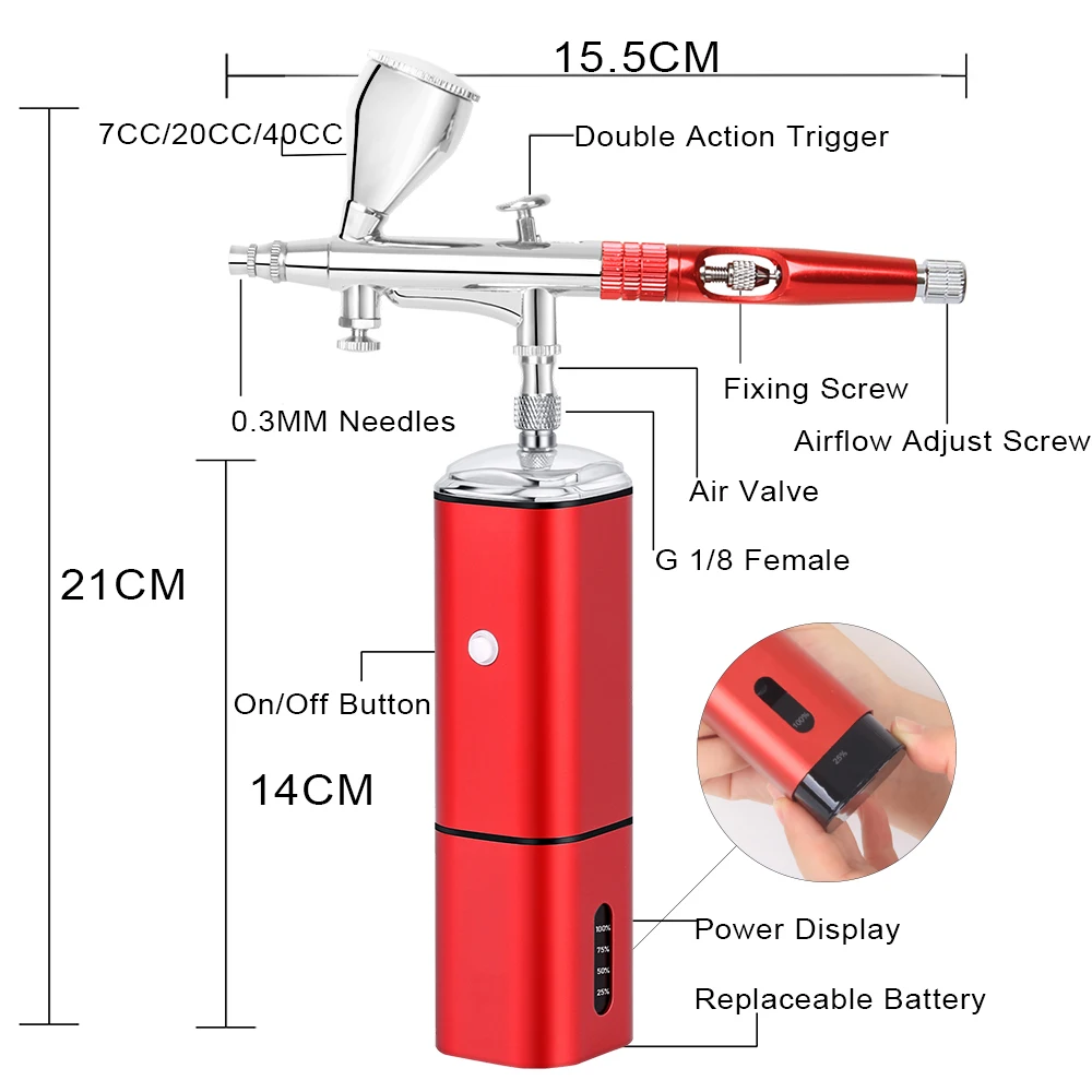 Casubaris TM90-180 Mini Airbrush Compressor Type C Power Display Replace Battery Cup Dual Action Spray Pen Nail Art Tool