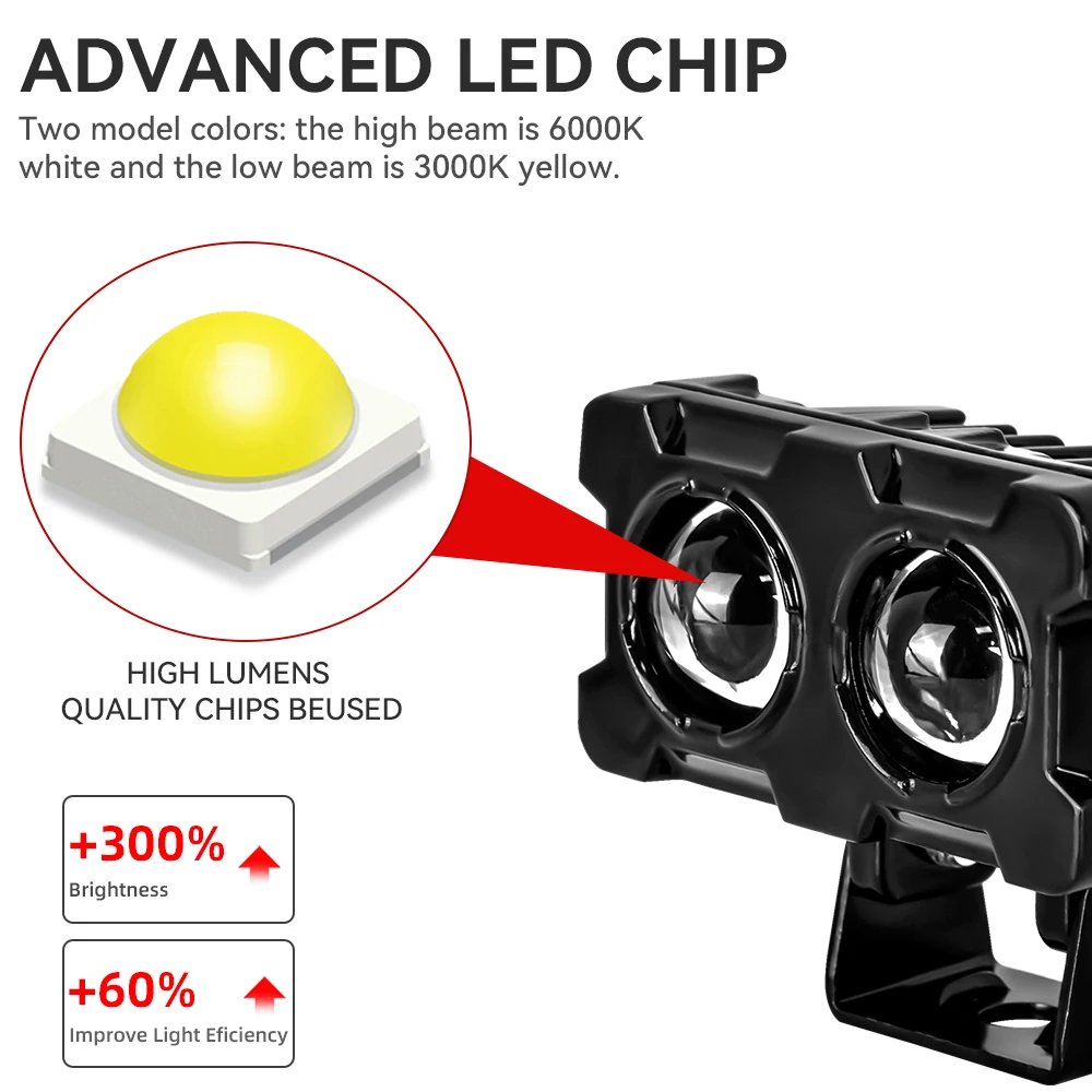 Refletor de lente led para motocicleta, lentes duplas, lâmpada auxiliar de neblina, cor dupla, luz branca e amarela