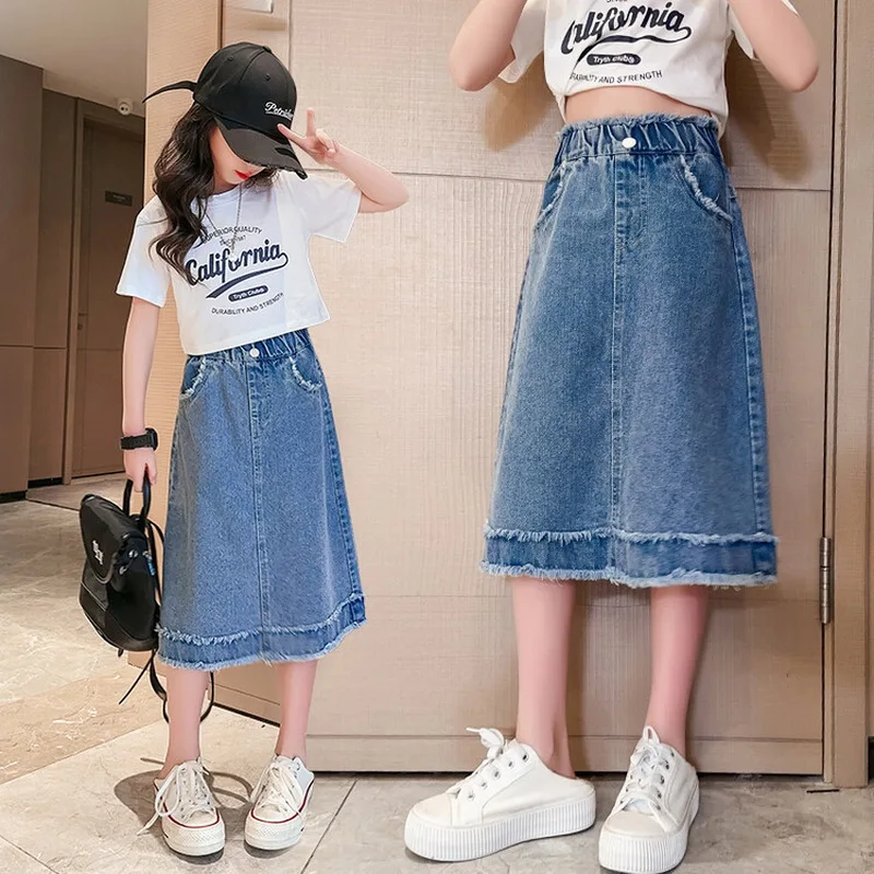 School Girls Denim Raw Edge Skirt Four Season High Waist Casual Midi Skirt for Children Fashion Pocket Teenage Kids Jeans 13 14Y