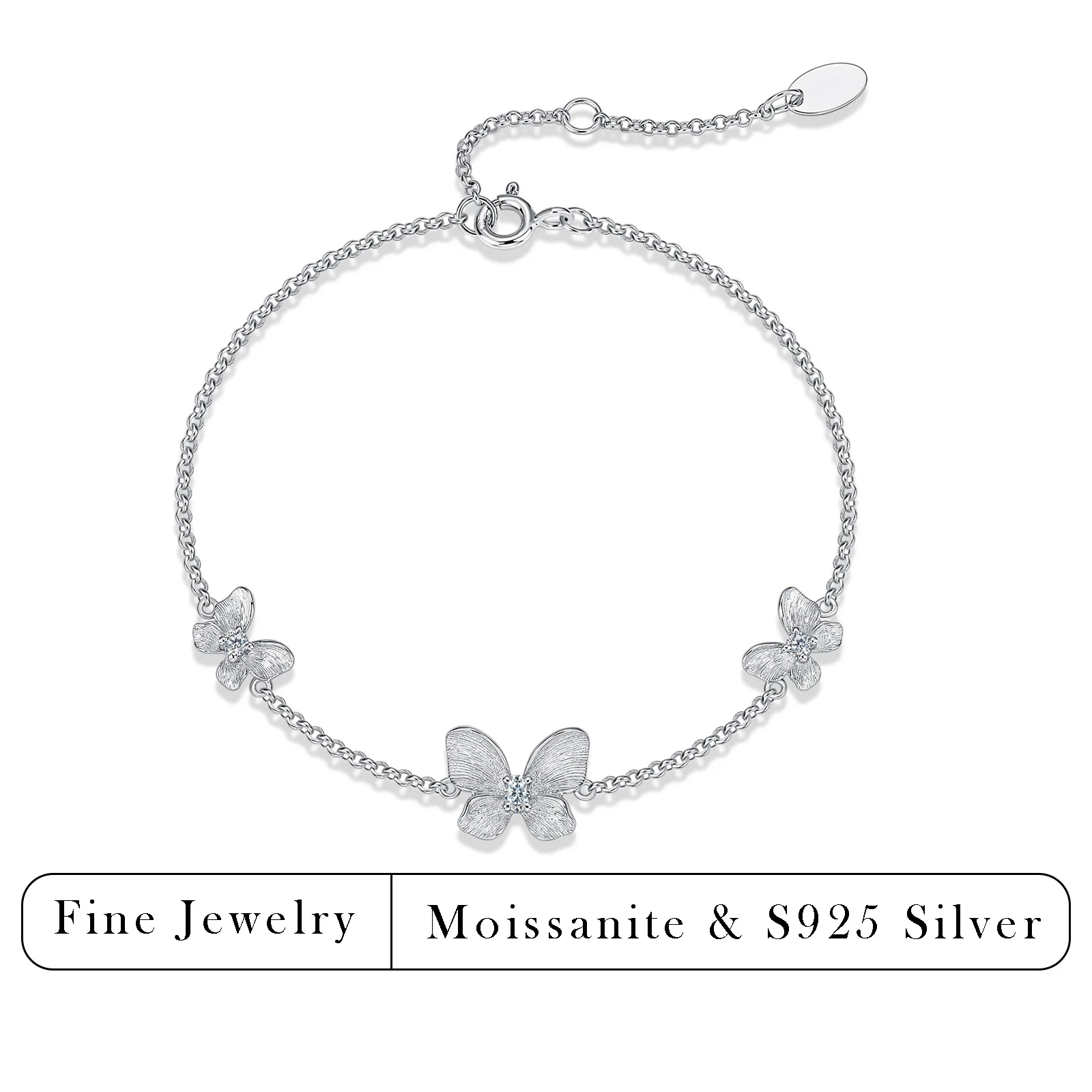 0.6CTW Butterfly Moissanite Bracelet S925 Silver Textured Butterfly Adjustable Chain Women Wedding Valentine Fine Jewelry Gift