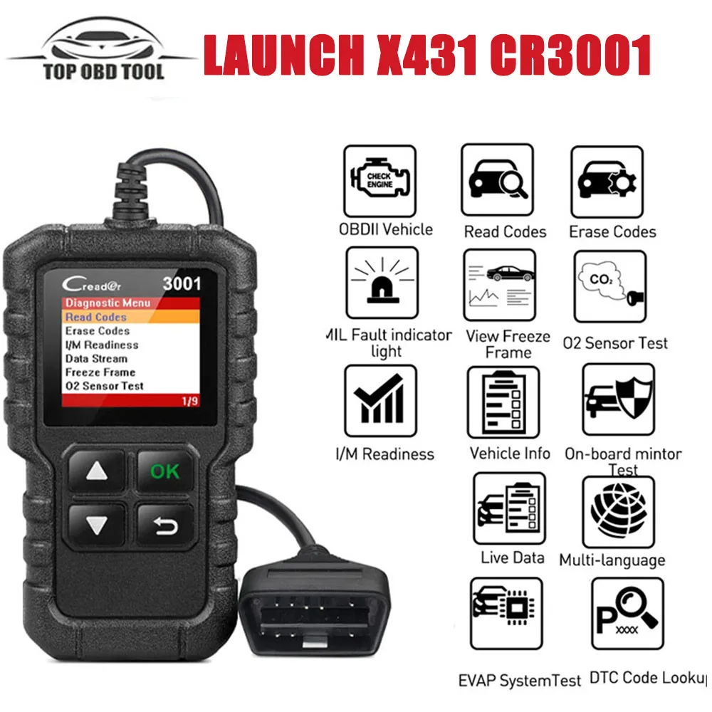 

LAUNCH X431 Creader CR3001 OBD2 Scanner Engine Fault Automotive OBDII OBD Code Reader Diagnostic Scan Tool Free Update PK ELM327