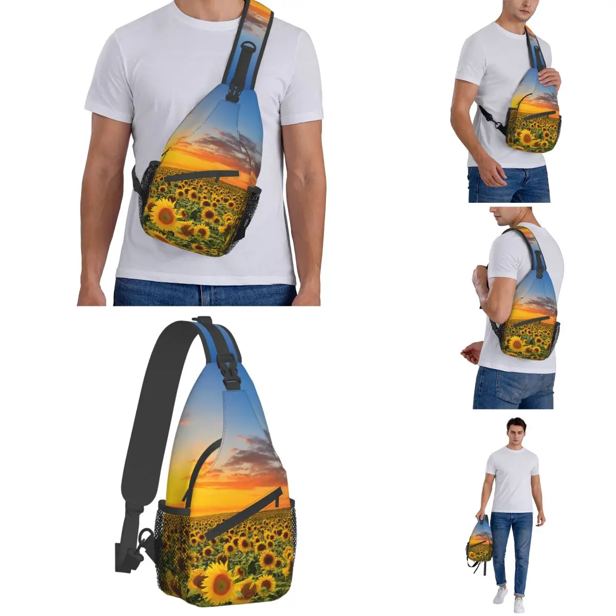 Feld der blühenden Sonnenblumen Schulter taschen Brust Cross body Schulter gurt Rucksack Outdoor Sport Tages rucksäcke Sonnen untergang Männer Frauen Pack