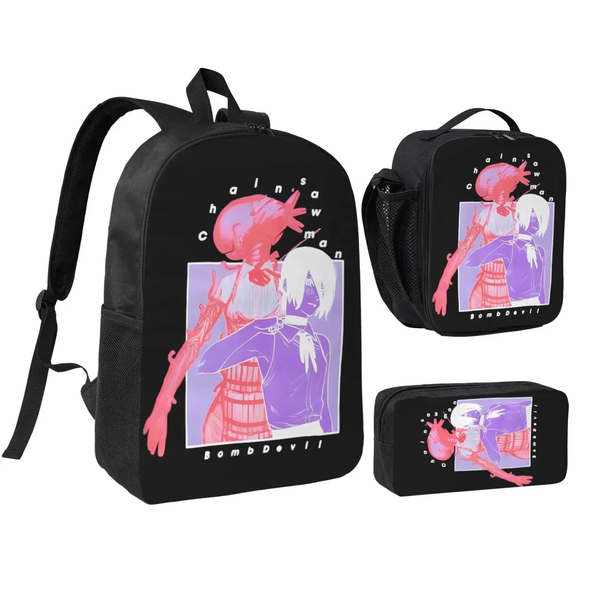 

3pecs/set Рюкзак с бензопилой для мужчин-резе для подростков, холщовые сумки из аниме-фильмов, сумка для обеда, пенал