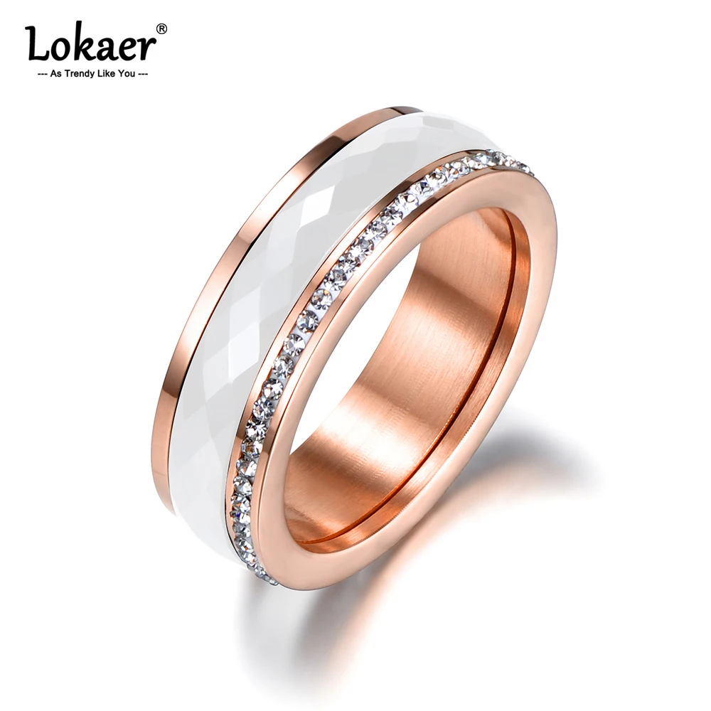 Lokaer Classic Micro Rhinestone White Black Ceramic Rings for Women Gold Plated Stainless Steel Exquisite Wedding Jewelry R18056