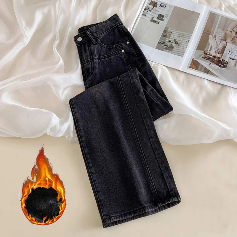 Winter Weibliche Retro Gerade Bein Plüsch Jeans Mädchen Koreanische Hohe Taille Fleece Denim Hosen Frauen Mode Baggy Thermische Hosen
