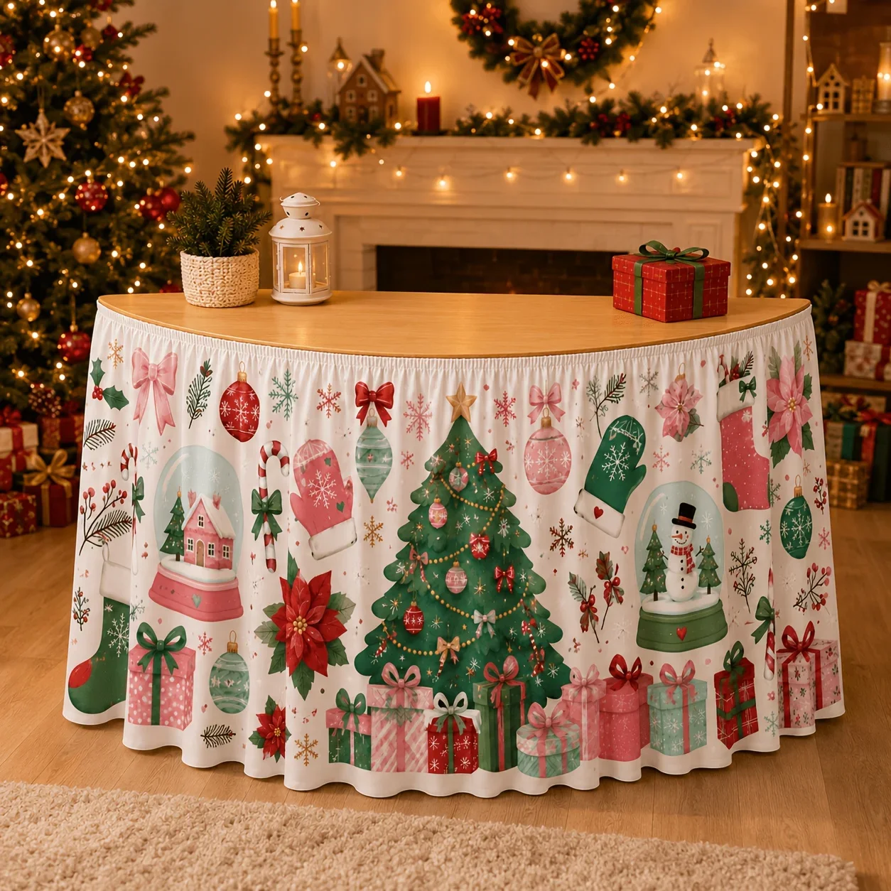Watercolor pink and green Christmas tablecloth with cartoon prints, light pink background, girl for Christmas festivalxzj