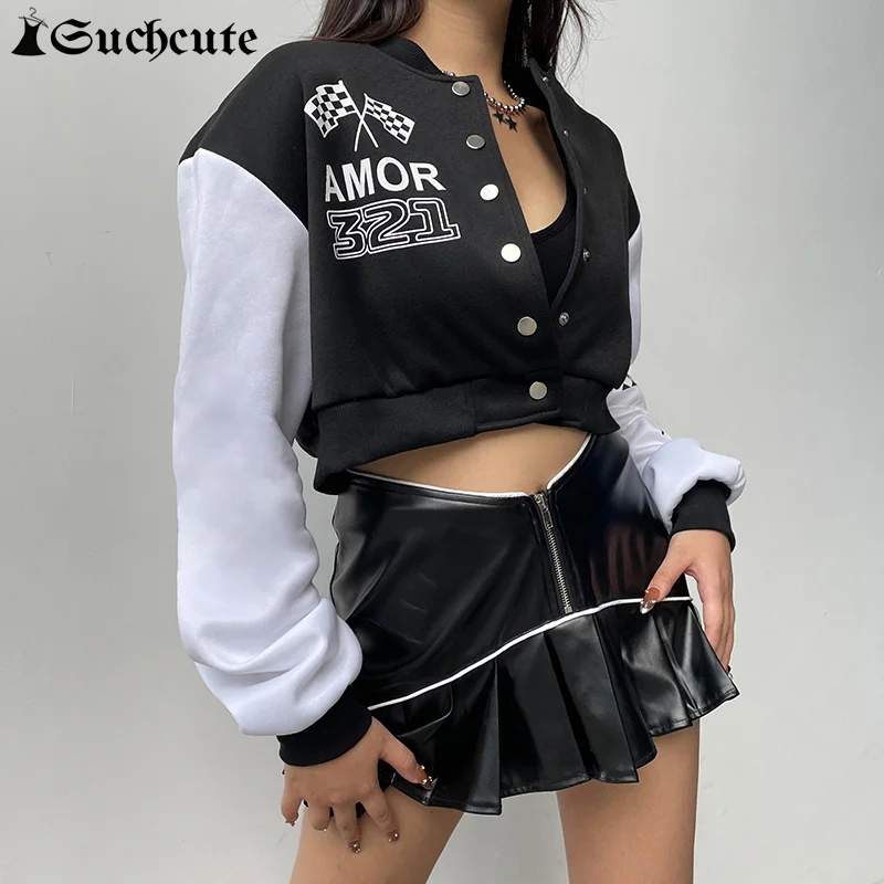 SUCHCUTE Printed Jacket Women Button Up Casual Baseball Uniform Coat Fashion Streetwear Bomber Moto Biker Racing Short Jackets