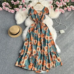 YuooMuoo Vacation Fashion Sexy Backless Long Maxi Dress Women 2024 Summer Elegant Floral Print Party Dress Beach Robe Femme